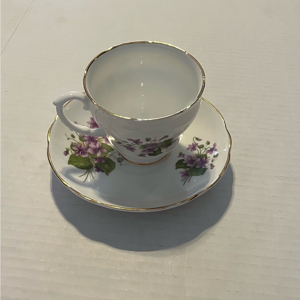 Floral Teacup and Saucer Set with Gold Trim